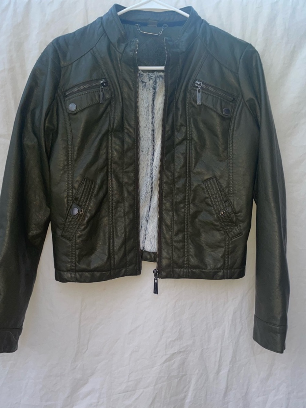Jou Jou Girls Black Faux Leather Zip Jacket with Faux Fur Lining